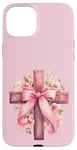 Coque pour iPhone 15 Plus Pink Christian Cross Graphic For Women Girl Wildflower Cross