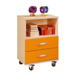 Commode enfant à roulettes 55x78 cm, couleur hêtre avec orange, table enfant