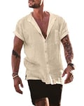 YAOBAOLE Casual Plage Chemise Chemise en Coton Et Lin Chemise Ete Homme Leger en Lin Manches Courtes Boutons Chemise Kaki XXL