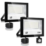 50W Projecteur LED Detecteur de Mouvement 2 Pièce，5000lm Spot LED Extérieur，7000K Blanc Froid，IP67 Etanche Super Lumineux Eclairage Exterieur，Éclairage mural d'extérieur pour Jardin, Patio, Garage