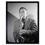 Vintage Black and White Photograph Portrait Saxophone Jazz Player Music Legend Bird Charlie Parker Art Print Framed Poster Wall Decor 12x16 inch