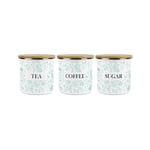 Green Rabbits Tea, Coffee & Sugar Canister Set - Floral Enamel Kitchen Gift