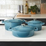 3 Piece Cast Iron Casserole Dish Set Cooking Pot Hob Oven 20cm/26 cm/28 cm Teal