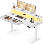 Bureau Réglable avec Tiroirs, 140cm Bureau Electrique avec Support de Moniteur, Bureau Gaming Electrique avec Chargeur et Lumière LED, Bureau Electrique Reglable, Blanc