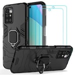 Ytaland for Xiaomi Redmi 10 Case, with 2 x Tempered Glass Screen Protector. (3 in 1) Shockproof Bumper Defender Protective Phone Cover with Ring Kickstand (Black)