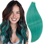 RUNATURE Extension Adhesif Cheveux Humain Vert Bande Adhesive Extension Remy Hair Adhesive Skin Weft Tape in Human Hair Extensions Adhesives Cheveux Teal 14 Pouces/35cm 10 Pièces/20g