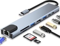 Station d'accueil, Moman CT8 avec Adaptateur multiport 8 Ports avec USB Type-C/4K @ 30 Hz HD, 2 Ports USB 3.0/100 W Power Delivery/Lecteur de Carte SD/TF/Ethernet RJ45, avec iPhone 15 MacBook Pro/Air