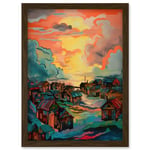 Atmospheric Clouds Over Mono Fishing Village Cabins at Dawn Modern Watercolour Painting Artwork Framed Wall Art Print A4