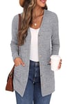 GRECERELLE Gilet Femme Cardigan Long à Col en V Ouvert sur Le Devant Manches Longues Poches pour Un Style Chic Adapté à Toutes Les Saisons (Gris, L)