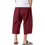 Herr Lång Lös Bomull Linne Shorts 3/4 Sommar Casual Boho Långa Shorts Elastisk Midja Bred Ben Strand Yoga Byxa 3XL Wine Red