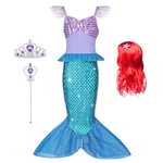 AOOWU Deguisement Robe Petite Sirene Princesse Ariel Costume avec Perruque pour Enfant Fille, Ariel Robe Inclus Couronne avec Baguette Magique pour fête d'anniversaire Halloween Carnaval,120CM