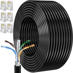 Cable Ethernet 30m Cat 6 Bobine Cable Rj45 Blindé Gigabit Câble Réseau Extérieur Anti-Brouillage Résistant aux Intempéries Cable Lan Noir FTP 23AWG CCA Cable Internet 30 Mètres pour Modem Routeur