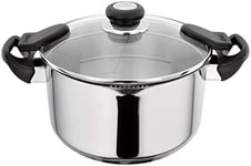 Judge Vista Draining J337A Stainless Steel Huge Cooking Pot with Pouring Lip Draining Pan, 24cm 4L, Glass Strain & Pour Lid, Induction Ready, Oven Safe, 25 Year Guarantee