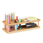 Relaxdays Bamboo Pen Holder, Desk Organiser for 25 Pens, Stationery Stand, HxWxD: 10 x 40 x 15 cm, Natural