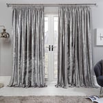 Sienna Crushed Velvet Curtains Pencil Pleat Pair of Fully Lined Tape Top Thermal Panels, Silver Grey - 90" x 90"