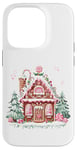 Coque pour iPhone 14 Pro Jolie maison en pain d'épice avec flocons de neige en glaçage rose