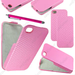 Etui Coque Housse a Rabat Rev�tement Carbone Rose  pour Iphone 4S 4 + Stylet