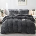 CoutureBridal Housse de Couette 200x200cm Gris Anthracite Peluche Flanelle Hiver Chaude Duveteuse Parure de lit 2 Personnes 3 pièces avec Fermeture à Glissière + 2 Taies d'oreiller 65x65cm