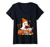 Womens Cute Ghost Reading Book Lovers Halloween Ghost Coffee Cozy V-Neck T-Shirt