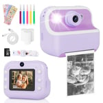 Kids Camera, Dual Camera Kids Camera Instant Print for Girls Boys With Print Photo Paper & Color Pens for DIY, Gifts for 3 4 5 6 7 8 9 10 Year Olds Girls Boys, 32Gb Sd Card - Purple