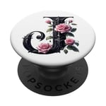 Black Letter J Floral Monogram Initial J Rose Pink Flower PopSockets PopGrip Adhésif