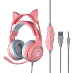 Trådbundet spelheadset, söta kattöron RGB-bakgrundsbelysning Over-Ear-hörlurar Brusreducerande mikrofon Surroundljud för bärbar dator Pink