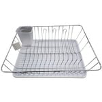 Stainless Steel Dish Drainer with White Plastic Drip Tray and Cutlery Holder