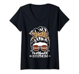 Womens Football Stepmom Messy Bun Hair Football Player Stepmom V-Neck T-Shirt