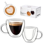 GLASKEY Double Wall Heart Shaped Glass Coffee Mugs Set of 2,Unique and Insulated Glass Espresso Cups with Handle,190ML Espresso Glasses for Coffee,Latte,Cappuccino and Tea