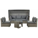 Salon de Jardin Modulable Divan Lounge Canapé avec Toit Pare-soleil 2 Fauteuils et Pouf Ottoman en Rotin PE Marron avec Coussins Gris Inclus Beliani