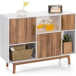 Goplus - Meuble tv 95x31x76CM Pieds en Bois Massif,Petit Meuble de Rangement avec 3 Cases Fermés et 3 étagères Ouvertes,Style Moderne