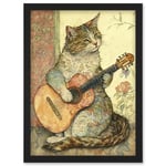 Street Musician Cat with Guitar by Flower Pattern Mural Pastel Watercolour Illustration Artwork Framed Wall Art Print A4