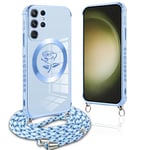 Pnakqil Coque Magnétique pour Samsung Galaxy S23 Ultra Con Cordon, Compatible avec MagSafe, Silicone Housse avec Fleur Motif, Réglable Collier Lanyard pour Samsung S23 Ultra 6.8", Bleu