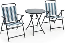GOPLUS 3 PCs Salon de Jardin Pliable-2 Chaises en Textilène et 1 Table Basse en Verre Trempé-Cadre Métallique-pour Jardin/Terrasse