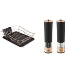 Tower T81400RB Dish Rack with Tray and 2 Removable Cutlery Holders, Stainless Steel, Black and Rose Gold, Large & T847003RB Electric Salt and Pepper Mill, Stainless Steel, Rose Gold and Black