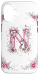 Coque pour iPhone 16 Lettre N initiale monogrammée rose florale licorne et fleurs