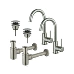 Fortifura Calvi Kit robinet lavabo - pour double vasque - robinet haut - bec rotatif - bonde clic clac - siphon design bas - Inox brossé PVD