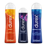 Durex - Lot de 3 Gels Lubrifiants intimes - 1 Gel Hot Chauffant Stimulant 100ml - 1 Gel Perfect Gliss Usage Anal 50 ml - 1 Gel Sensitive 100ml