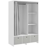 HOMCOM Armoire penderie, Armoire de Rangement, Dressing, Garde-Robe avec Tringle, Rideaux, 3 tiroirs en Tissu Amovibles - 105 x 48 x 160 cm - Blanc