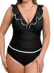 CUPSHE Ensemble tankini deux pièces pour femme avec col en V et bretelles réglables froncés (taille XS à 4XL), Noir , 48 Grande taille