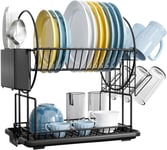 2 Tier Black Dish Drainer Rack with Drip Tray, Stainless Steel Draining Dish dr