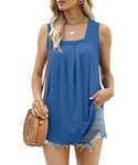 Aokosor Ladies Tops Summer Vests Women Square Neck Sleeveless Pleated Tank Top Blue Size 14-16