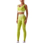 Women's Workout Outfit 2 Pieces Mesh Patchwork Yoga Leggings Pants With Sports Bra Gym Clothes Set, Yoga Suits for Women Gym Running Set Fluorescent yellow-L