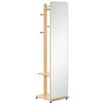 HOMCOM Miroir sur Pied avec roulettes - Portant, 4 patères étagère MDF Aspect Bois Clair