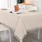 SUCHDECO Nappe Rectangulaire Beige Anti Tache Nappe Tassel Lavable en Coton et Lin avec Glands, Linge de Table pour Anniversaire, Mariage, Table Basse, Petite Table à Manger, 140 x 100 cm