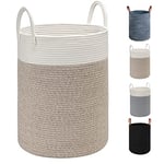 TOTANKI Grand panier à linge en corde de coton - 40 cm (P) x 50 cm (H) - Panier tissé pliable avec poignées en cuir pour ranger vêtements, couches, jouets (blanc/marron)