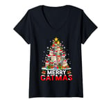 Womens Merry Catmas Cat Christmas Tree Lighting Santa Hat Cat Xmas V-Neck T-Shirt