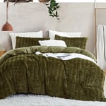 Sedefen Housse de Couette 240x260 cm Vert Olive Peluche Flanelle Hiver Chaude Duveteuse Parure de lit 2 Personnes + 2 Taies d'oreiller 65x65cm Adulte Ado Linge de lit Avez Fermeture Éclair