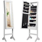 GOPLUS Armoire a Bijoux sur Pied,Rangemen avec Miroir Plein Longueur & Lumieres LED sur le Miroir, Autoportante Verrouillable avec Crochet de Collier