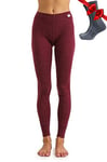 Merino.tech Laine Merinos Pantalon Femme - Respirante Merino sous Vetement Merinos Femme, 100% Mérinos Legging Laine Femme Léger + Chaussettes en Laine mérinos (Large, 165 Burgundy)